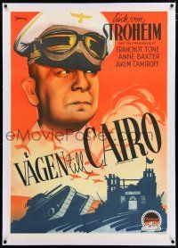 3r110 FIVE GRAVES TO CAIRO linen Swedish '43 Rohman art of Nazi Erich von Stroheim, Billy Wilder!