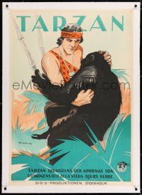 3r117 TARZAN THE MIGHTY linen Swedish '29 great Eric Rohman art of Frank Merrill & ape!