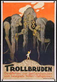 3r119 TROLLBRUDEN linen Swedish '30 wonderful art of 3 giant Troll Brides looming over tiny man!