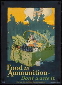 3r034 FOOD IS AMMUNITION DON'T WASTE IT linen 21x29 WWI war poster '18 art by John E. Sheridan!