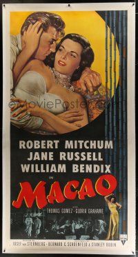 3s163 MACAO linen 3sh '52 Josef von Sternberg, best art of Robert Mitchum & sexy Jane Russell, rare!