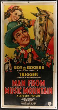 3s165 MAN FROM MUSIC MOUNTAIN linen 3sh '43 art of Roy Rogers, Trigger & The Sons of the Pioneers!