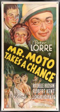3s169 MR. MOTO TAKES A CHANCE linen 3sh '38 Asian Peter Lorre, Rochelle Hudson, cool stone litho!