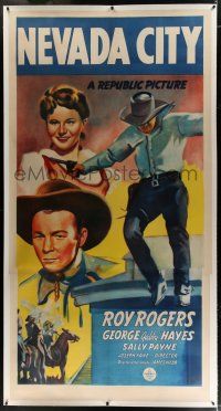 3s172 NEVADA CITY linen 3sh '41 art of cowboy Roy Rogers leaping into action + pretty Sally Payne!
