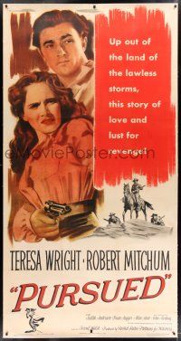 3s177 PURSUED linen 3sh '47 great full-length image of Robert Mitchum & Teresa Wright with gun!