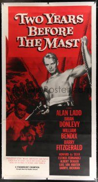 3s180 TWO YEARS BEFORE THE MAST linen 3sh R56 art of barechested Alan Ladd with gun & holding rope!