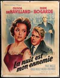 3s119 LIBEL linen French 1p '59 different Soubie art of Olivia de Havilland & Dirk Bogarde in court!