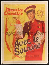 3s140 WITH A SMILE linen French 1p '36 Tourneur, Marvasi art of Maurice Chevalier & sexy girls!
