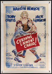 3s094 SOME LIKE IT HOT linen French 32x47 '59 great art of Marilyn Monroe, Curtis & Lemmon in drag!