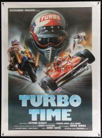 3s087 TURBO TIME linen Italian 1p '83 cool Formula One car & motorcycle racing art by Enzo Sciotti!