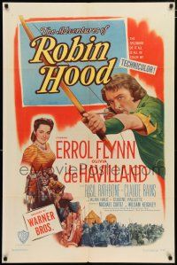 3t152 ADVENTURES OF ROBIN HOOD 1sh R48 Errol Flynn with bow & arrow protecting Olivia De Havilland!