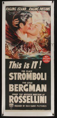 3t451 STROMBOLI Aust daybill '50 Ingrid Bergman, directed by Roberto Rossellini, cool volcano art!
