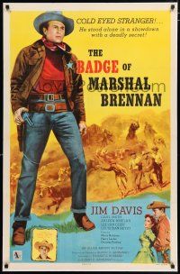 3t579 BADGE OF MARSHAL BRENNAN 1sh '57 cowboy Jim Davis & Grand Ol' Opry star Carl Smith!