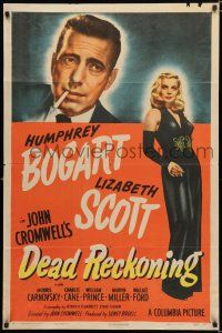 3t158 DEAD RECKONING style A 1sh '47 cool art of smoking Humphrey Bogart, full-length Lizabeth Scott
