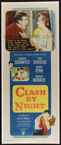 3t125 CLASH BY NIGHT insert '52 Fritz Lang, Barbara Stanwyck, Douglas, Ryan, Marilyn Monroe shown!