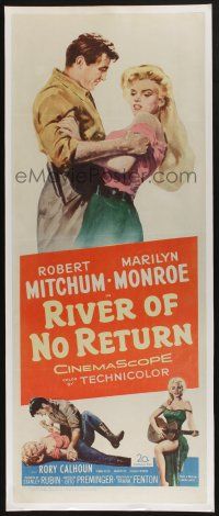 3t214 RIVER OF NO RETURN insert R61 great artwork of Robert Mitchum grabbing sexy Marilyn Monroe!