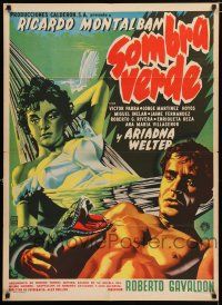 3t422 SOMBRA VERDE Mexican poster '56 art of Ricardo Montalban attacked by snake by sexy woman!