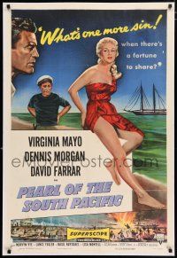 3t604 PEARL OF THE SOUTH PACIFIC 1sh '55 art of sexy Virginia Mayo in sarong & Dennis Morgan!