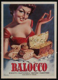 3t399 BALOCCO linen 10x14 Italian advertising poster '50s Carlo Prandoni art of woman w/ baked goods