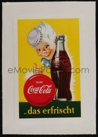 3t405 COCA-COLA linen 9x14 German advertising poster '40s cool art of kid with Coke bottle!