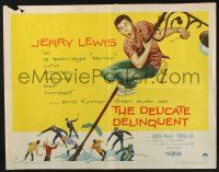 3w137 DELICATE DELINQUENT style B 1/2sh '57 teen-age terror Jerry Lewis hanging from light post!