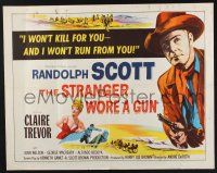 3w354 STRANGER WORE A GUN 1/2sh R61 cool art of cowboy Randolph Scott, sexy Claire Trevor!