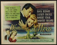 3w418 WRITTEN ON THE WIND style B 1/2sh'56 art of sexy Lauren Bacall with Rock Hudson & Robert Stack