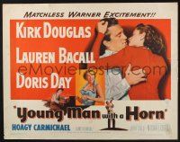 3w423 YOUNG MAN WITH A HORN 1/2sh '50 jazz man Kirk Douglas kisses sexy Lauren Bacall + Doris Day!