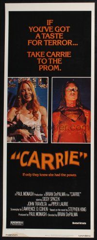 3w487 CARRIE insert '76 Stephen King, Sissy Spacek before and after her bloodbath at the prom!