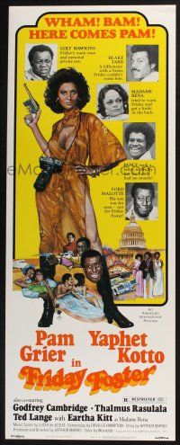 3w538 FRIDAY FOSTER insert '76 artwork of sexiest Pam Grier with gun and camera!