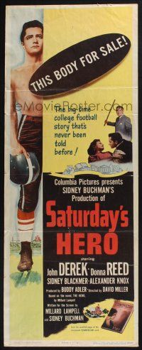 3w743 SATURDAY'S HERO insert '51 barechested football player John Derek and his body is for sale!