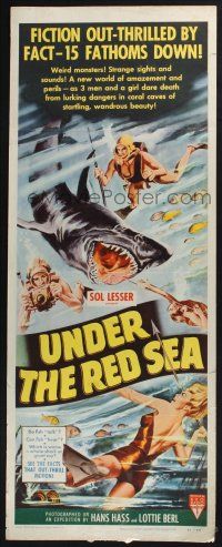 3w823 UNDER THE RED SEA insert '52 cool art of scuba divers & sexy swimmer fighting shark!