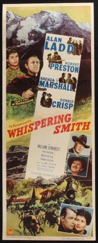 3w844 WHISPERING SMITH insert '49 Alan Ladd's first in Technicolor, cool railroad artwork!