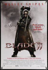 3x711 BLADE II 27x40 video poster '02 great image of Wesley Snipes in leather coat w/sword!