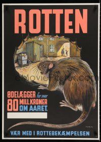 3x060 ROTTEN 24x33 Danish special '40s control the rat population, art of rat peering out of hole!
