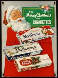 3x504 SAY MERRY CHRISTMAS WITH CIGARETTES 19x26 advertising poster '50s art of Santa & cigs!