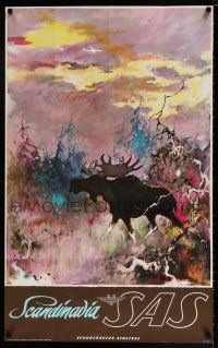 3x057 SAS SCANDINAVIA 25x40 Danish travel poster '60s Otto Nielson art of moose in the forest!