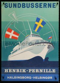 3x058 SUNDBUSSERNE 25x34 Danish travel poster '58 great art of large ferry ship crossing ocean!