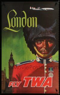 3x029 TWA LONDON travel poster '50s cool art of British royal Beefeater guard & plane!