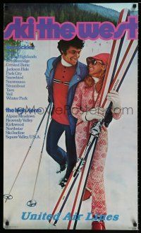 3x031 UNITED AIRLINES SKI THE WEST 2-sided 22x37 travel poster '73 great image of skiing couple!