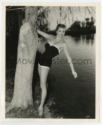 3y297 ESTHER WILLIAMS 8.25x10 still '50s sexy portrait in swimsuit hanging on tree by lake!