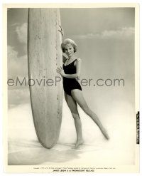 3y480 JANET LEIGH 8.25x10 still '63 in sexy swimsuit standing by giant surfboard!