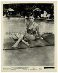 3y744 RACERS 8x10.25 still '55 sexy Bella Darvi in leopard swimsuit on cushion by pool!