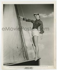 3y796 SABRINA deluxe 8x10 still '54 sexy smiling Audrey Hepburn on sailboat, with working title!