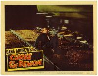 3z079 NIGHT OF THE DEMON LC #2 '57 Jacques Tourneur, scared man fallen on railroad tracks!