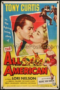 4a025 ALL AMERICAN 1sh '53 Tony Curtis kissing sexy Mamie Van Doren in her first, football!