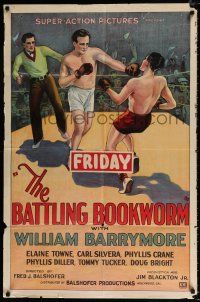 4a070 BATTLING BOOKWORM 1sh '28 great art of William Barrymore punching guy in boxing ring!