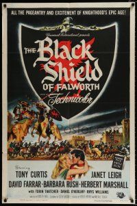 4a097 BLACK SHIELD OF FALWORTH 1sh '54 art of knight Tony Curtis & real life wife Janet Leigh