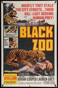4a098 BLACK ZOO 1sh '63 cool horror image of fang and claw killers stalking the city streets!