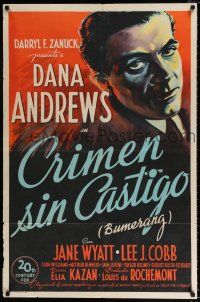 4a107 BOOMERANG Spanish/U.S. 1sh '47 great close up art of Dana Andrews, Elia Kazan film noir!